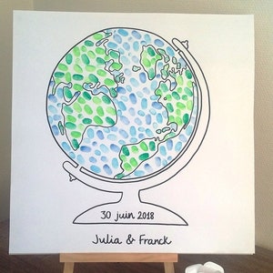 Toile à empreintes "thème voyage" mappe-monde à empreintes, mariage, anniversaire, retraite, 1 encreur au choix offert avec la toile