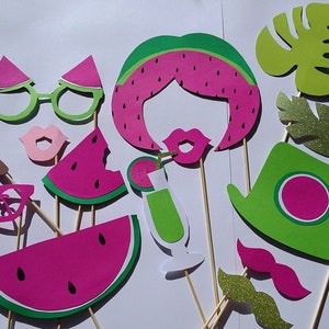 Fotoautomaten-Zubehör x 15, Wassermelonen-Thema, Wassermelone, Blätter, Brillen, Schnurrbärte, Frisur, Münder