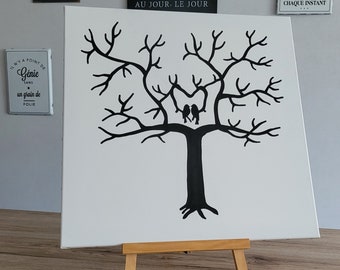Gastenboek, boom met vingerafdrukken op een katoenen canvas op een houten frame "Vergeet nooit" een inkt die bij het canvas wordt aangeboden