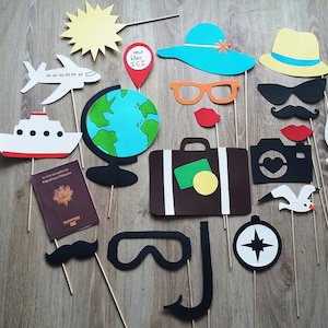 Accessoires photobooth thème voyage. mariage, retraite, anniversaire.valise, mappemonde, road trip, croisière, avion, passeport, photomaton