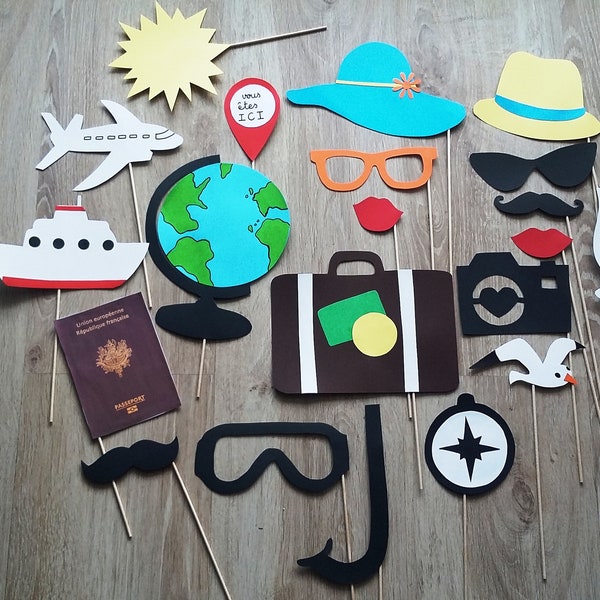 Accessoires photobooth x 21 thème voyage. mariage, retraite, anniversaire.valise, mappemonde, road trip, croisière, avion, passeport, soleil