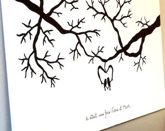 Wedding fingerprint tree, anniversary guest book, wedding... "evidence" couple of birds branch