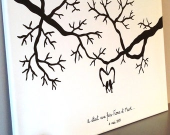 Arbre à empreintes mariage, livre d'or anniversaire, mariage ... " évidence ", toile sur châssis couple d'oiseaux branche, 1 encreur offert