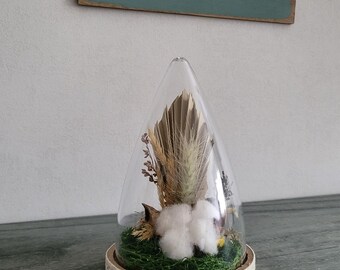 Cadeau Noces de coton, mini terrarium avec fleurs séchées et fleur de coton, 1 an de mariage.