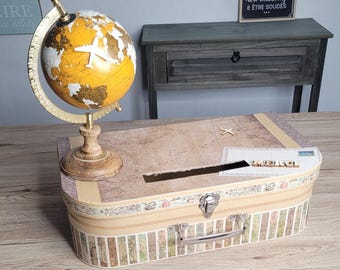 Urne Tirelire Valise "Bon Voyage" - Carton 24x16x10 Cm, Fente 16,5 Cm, Décoration Thème Voyage