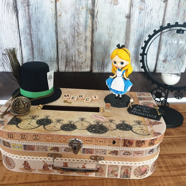 Urne thème Alice aux pays des merveilles urne valise pour mariage, anniversaire, retraite, baby-shower, baptême. … avec montre gousset