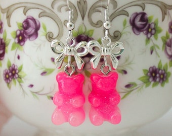 Hot Pink to Light Pink Glittery Galaxy Gummy Bear Earrings - Silver Bow and Silver Earrings