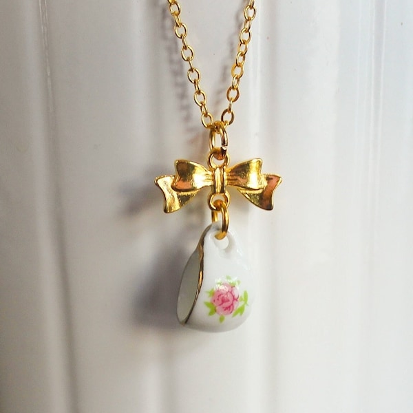 Pink Floral Porcelain Teacup Gold Necklace