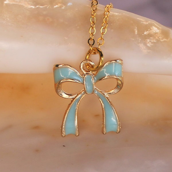 Gold Enamel Fancy Pastel Blue Bow Necklace