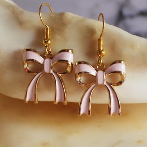 Gold Enamel Fancy Pastel Pink Bow Earrings