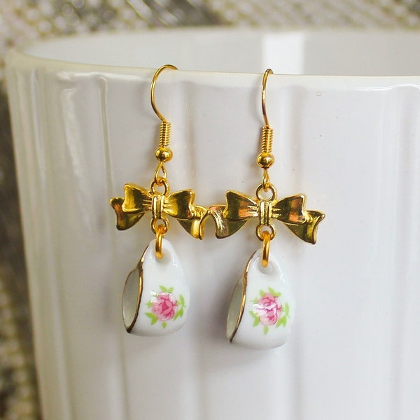 Pink Floral Porcelain Teacup Gold Earrings