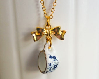 Blue Floral Porcelain Teacup Gold Necklace