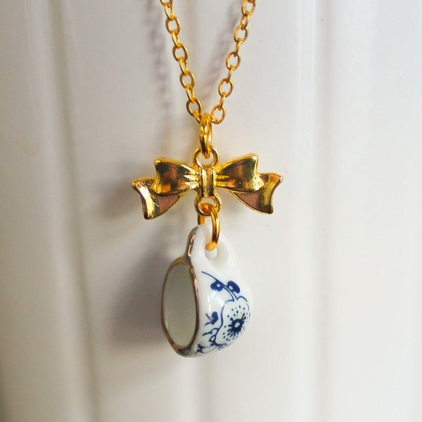 Blue Floral Porcelain Teacup Gold Necklace