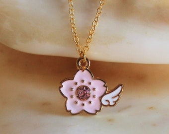 Pink Enamel and Rhinestone Sakura Cherry Blossom Flower with Wing Gold Necklace