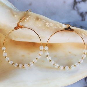 Gold Round Hoop Earrings with Glass Opal Beads and Glass Metallic Gold Beads