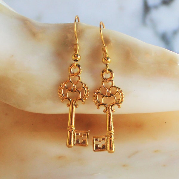 Dainty Gold Filigree Victorian Royal Skeleton Key Earrings