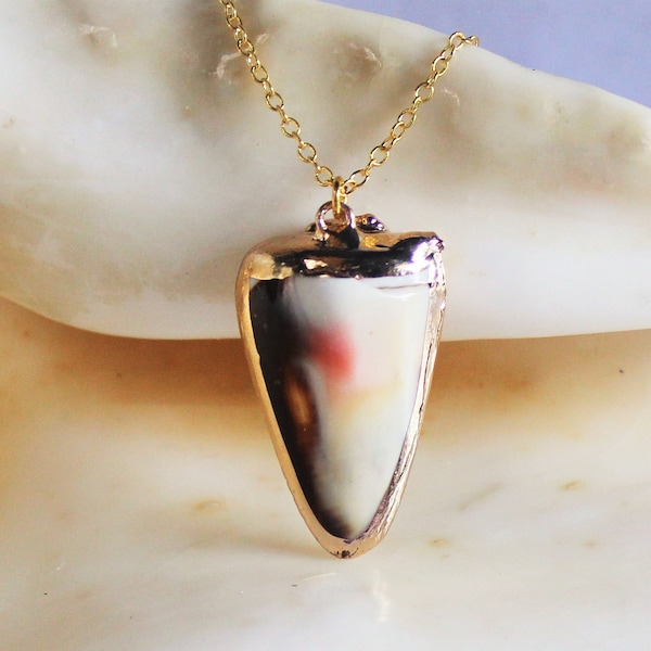 Gold Dipped Carved Pointed Real Sea Shell Necklace