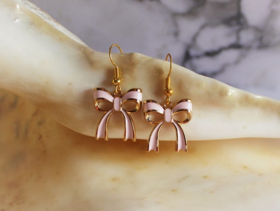 Gold Bow Earrings for Women Girls Pink Ribbon Bow Pearl Dangle Earrings Bow  jewelry Christmas Jewelry Gifts