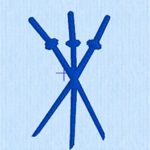 Puede incluir: Tres pinchos de madera azules, cruzados en el centro, con extremos redondeados.