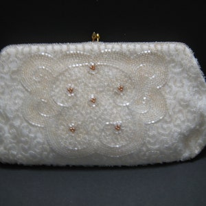 Beautiful Beaded 60&#39;s White Clutch Bag With Kiss Clasp Made in Belgium Expressly for Foley&#39;s
