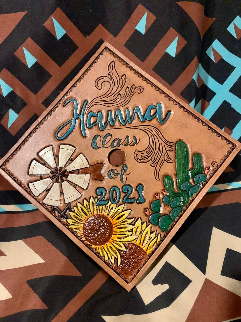 custom carved leather mortarboard cover GRAD CAP