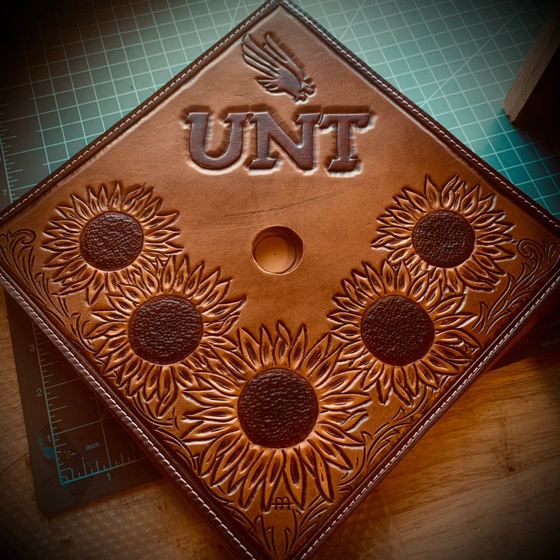 custom carved leather mortarboard cover GRAD CAP