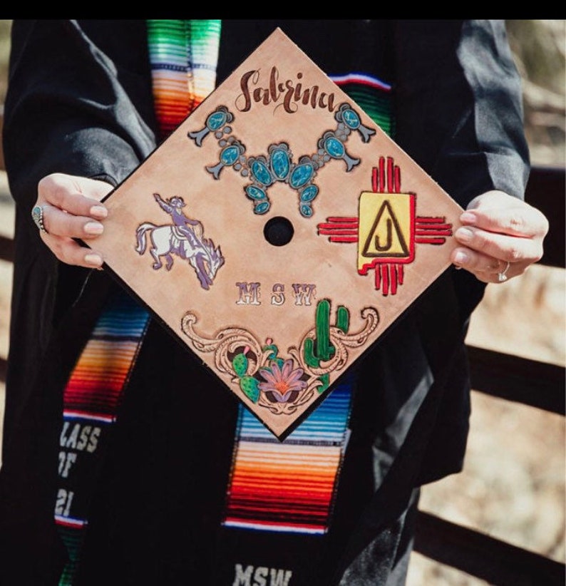 custom carved leather mortarboard cover GRAD CAP