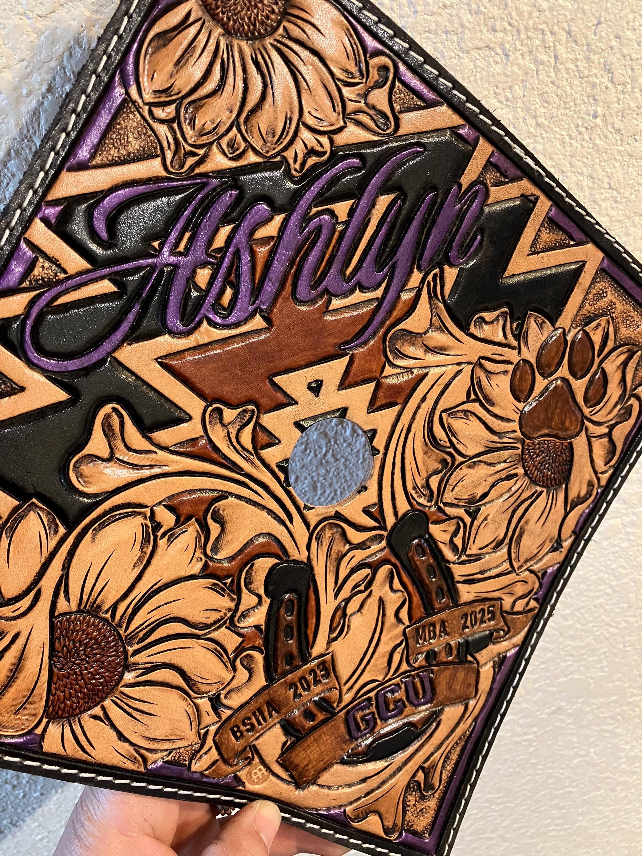 Graduation(中古品) GRAD CAP (custom Carved Leather Mortarboard Cover) - Etsy