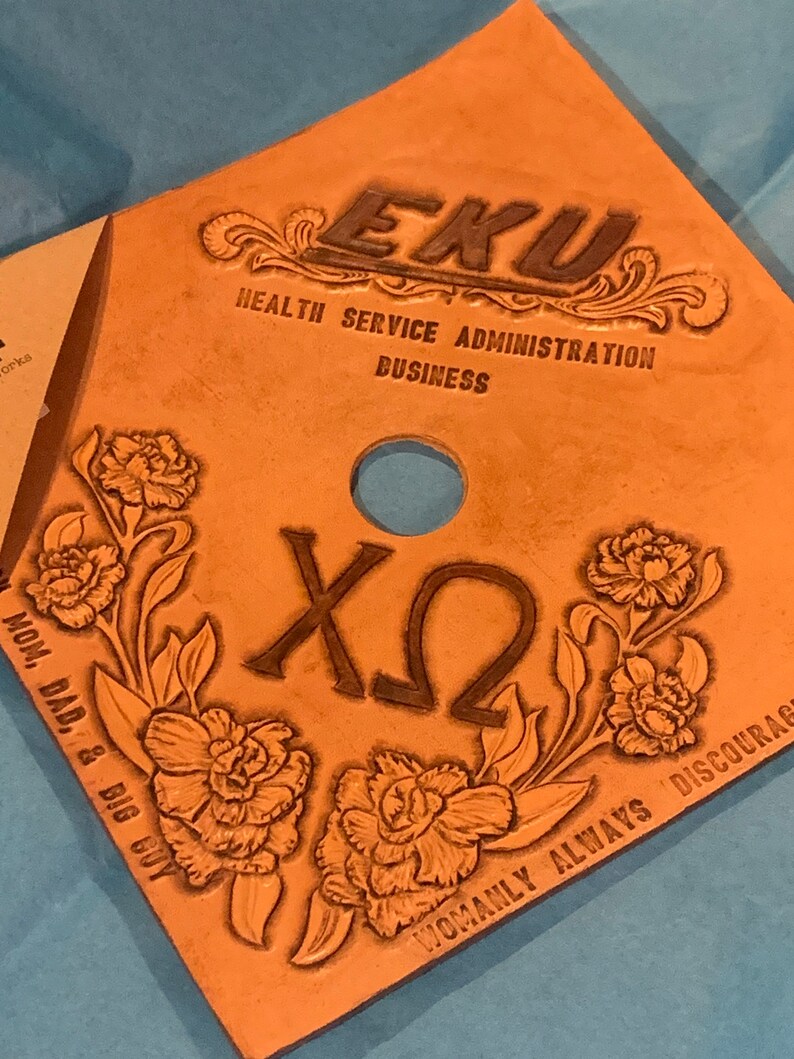 custom carved leather mortarboard cover GRAD CAP