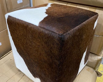 100% Brazilian Genuine Cowhide Square Pouf Ottoman Foot Stool-Tri-color White, Black, and Brown