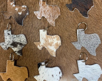 100% Real Brazilian Cowhide  Texas Map keychain With  leather backing- Tan & White Left