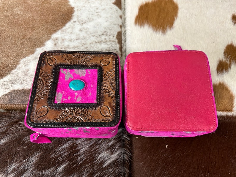 100 Tooled Leather COWHIDE JEWELRY BOX Blue Stone Pink Acid Etsy