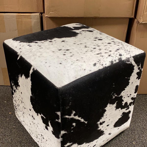 100% Brazilian Genuine Cowhide Square Pouf Ottomon Foot Stool- Salt & Pepper