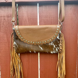 100% Cowhide Leather Bag With Fringes and Studs Over the - Etsy