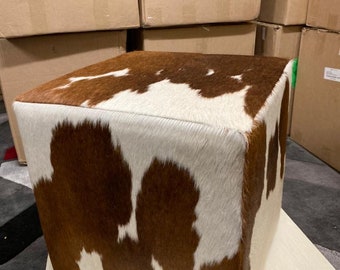 100% Brazilian Genuine Cowhide Square Pouf Ottomon Foot Stool-Traditional Brown, and White