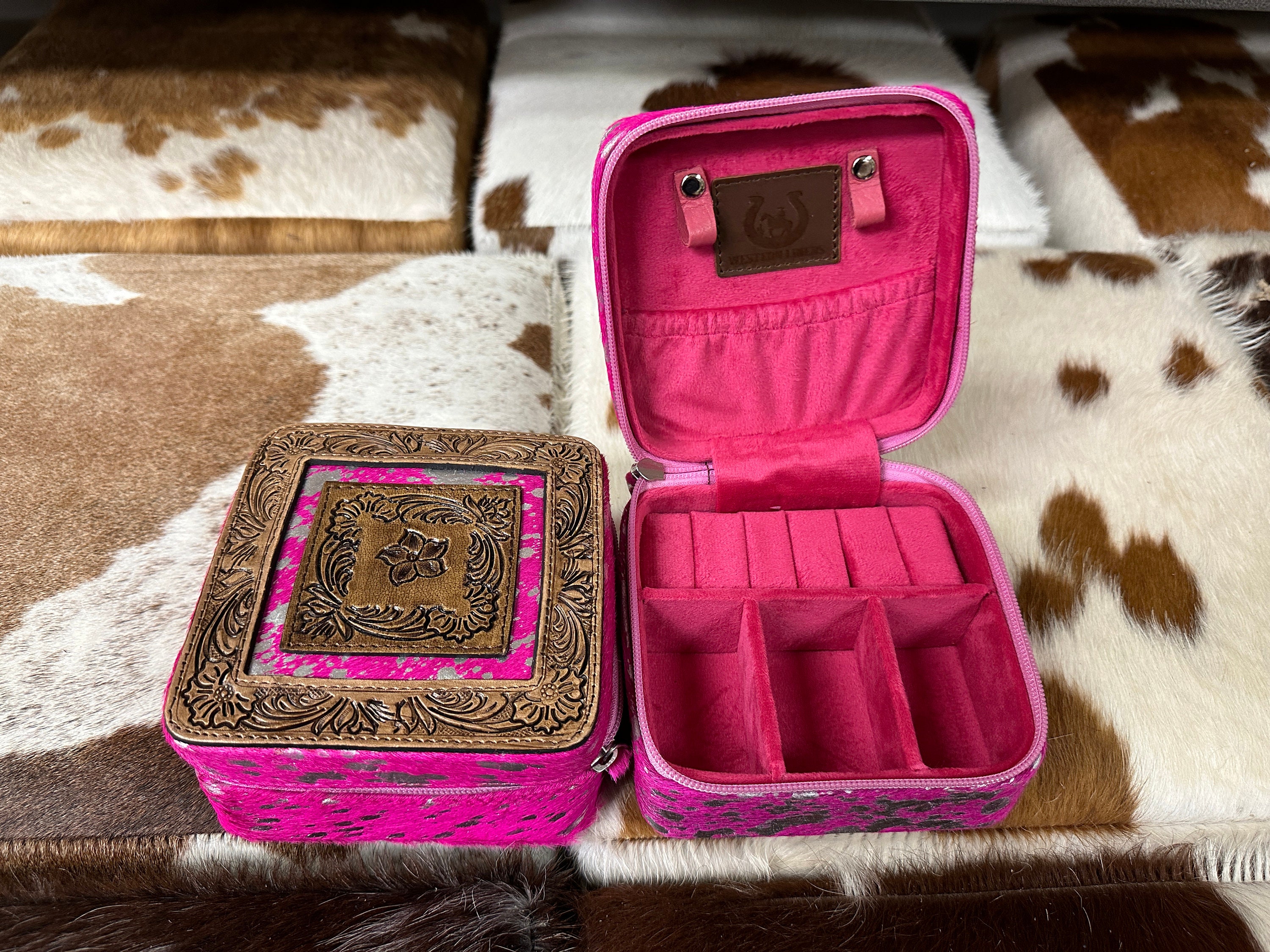 100 Tooled Leather COWHIDE JEWELRY BOX Pink Acid Wash Etsy