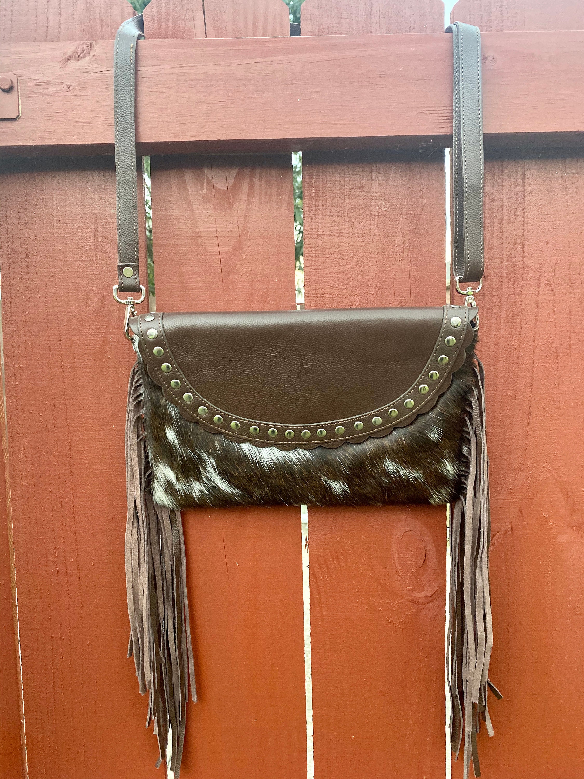100 Cowhide Leather Bag With Fringes and Studs Over the Etsy