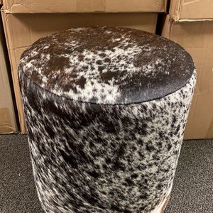 100% Brazilian Genuine Cowhide Round Pouf Ottoman Foot Stool- Brown and White -  Salt &pepper