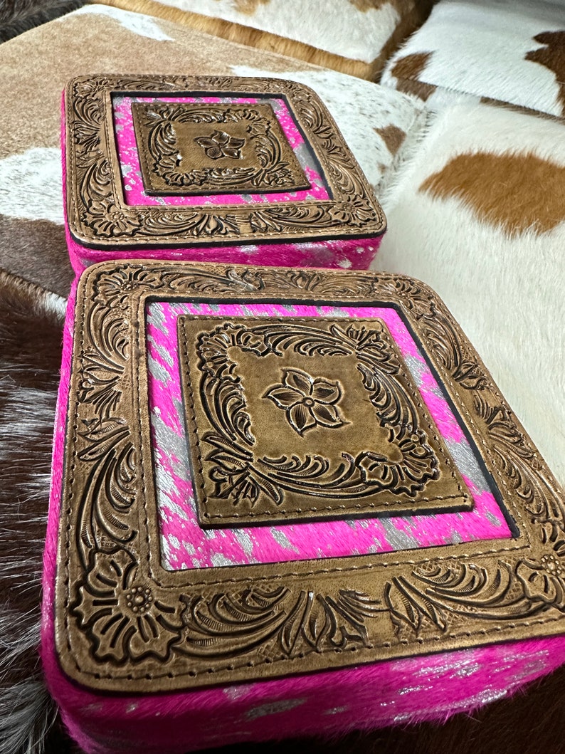 100 Tooled Leather COWHIDE JEWELRY BOX Pink Acid Wash Etsy