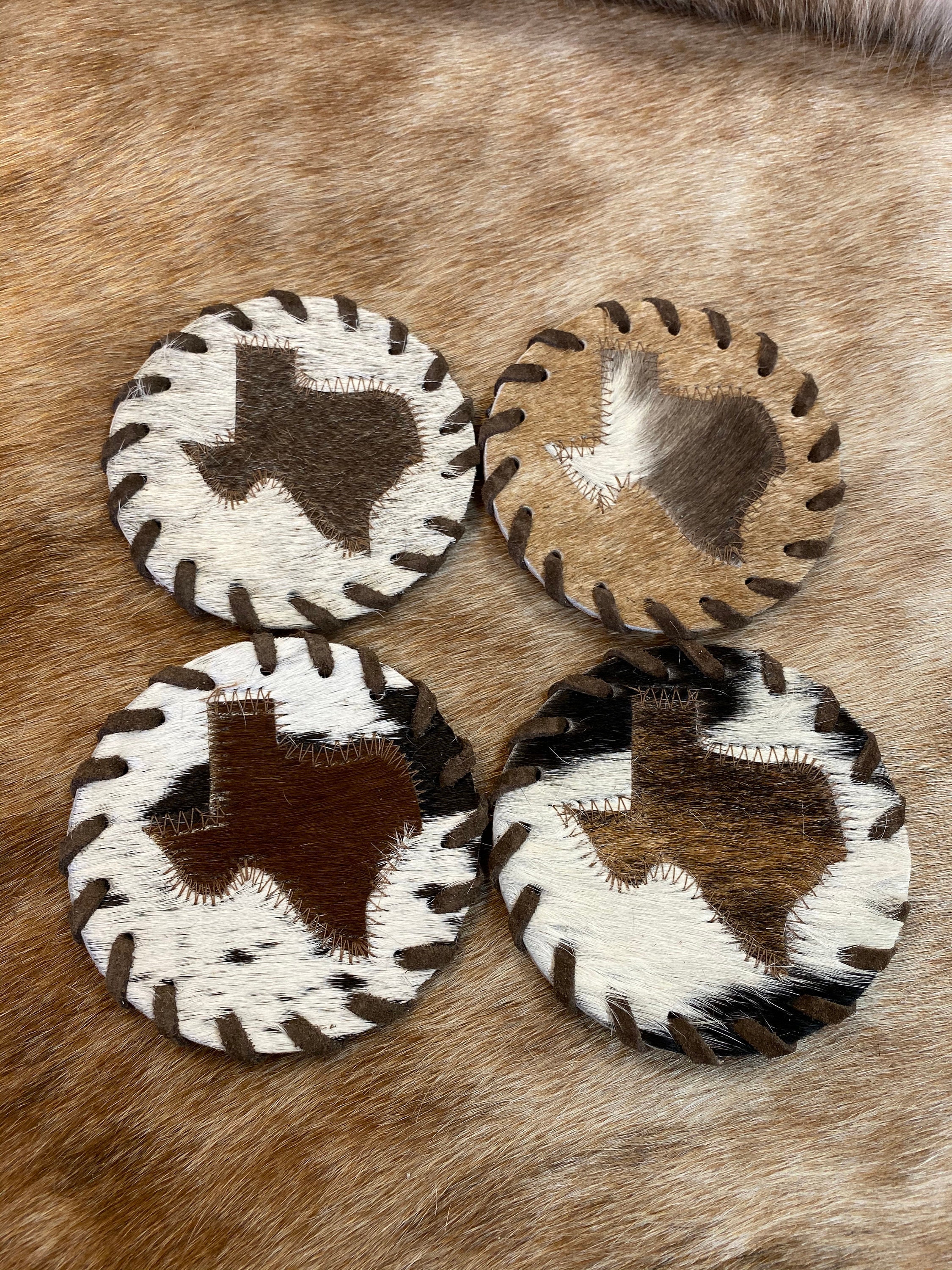 100% Real Brazilian Cowhide Leather Texas Map Coasters With Lacing