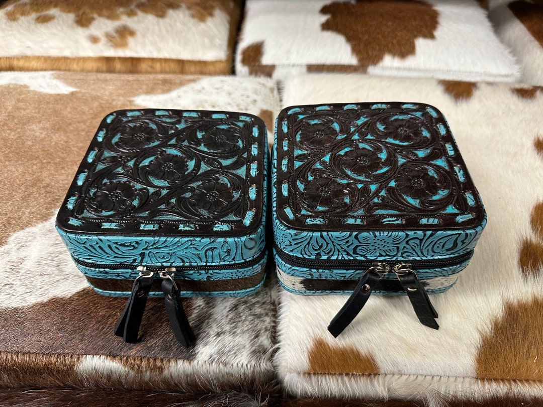 100 Tooled Leather COWHIDE JEWELRY BOX Turquoise Jewelry Storage Box