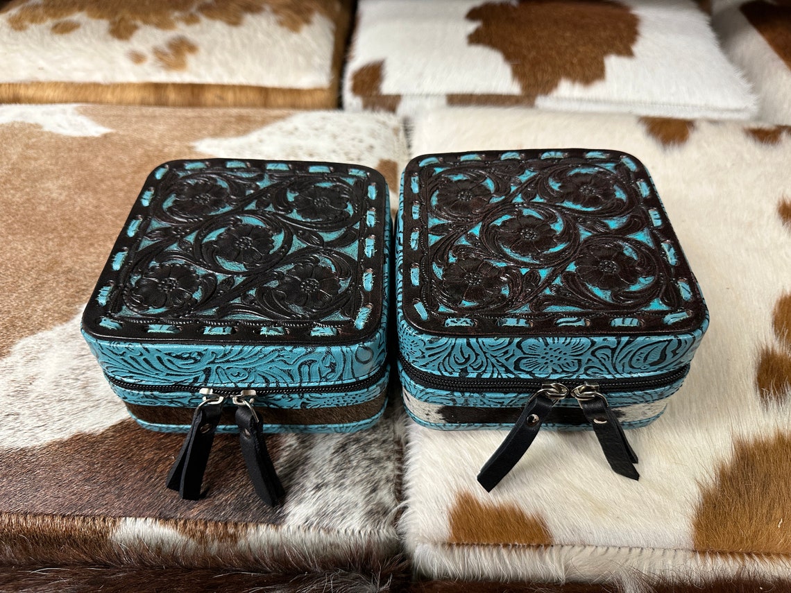 100 Tooled Leather COWHIDE JEWELRY BOX Turquoise Jewelry Etsy