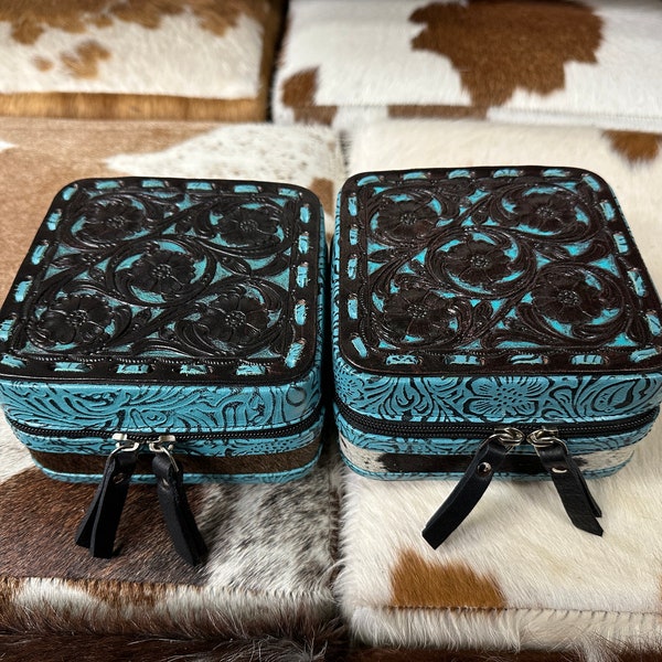 100% Tooled Leather COWHIDE JEWELRY BOX | Turquoise jewelry storage box travel case | gift idea | leather cowhide | Cowgirl