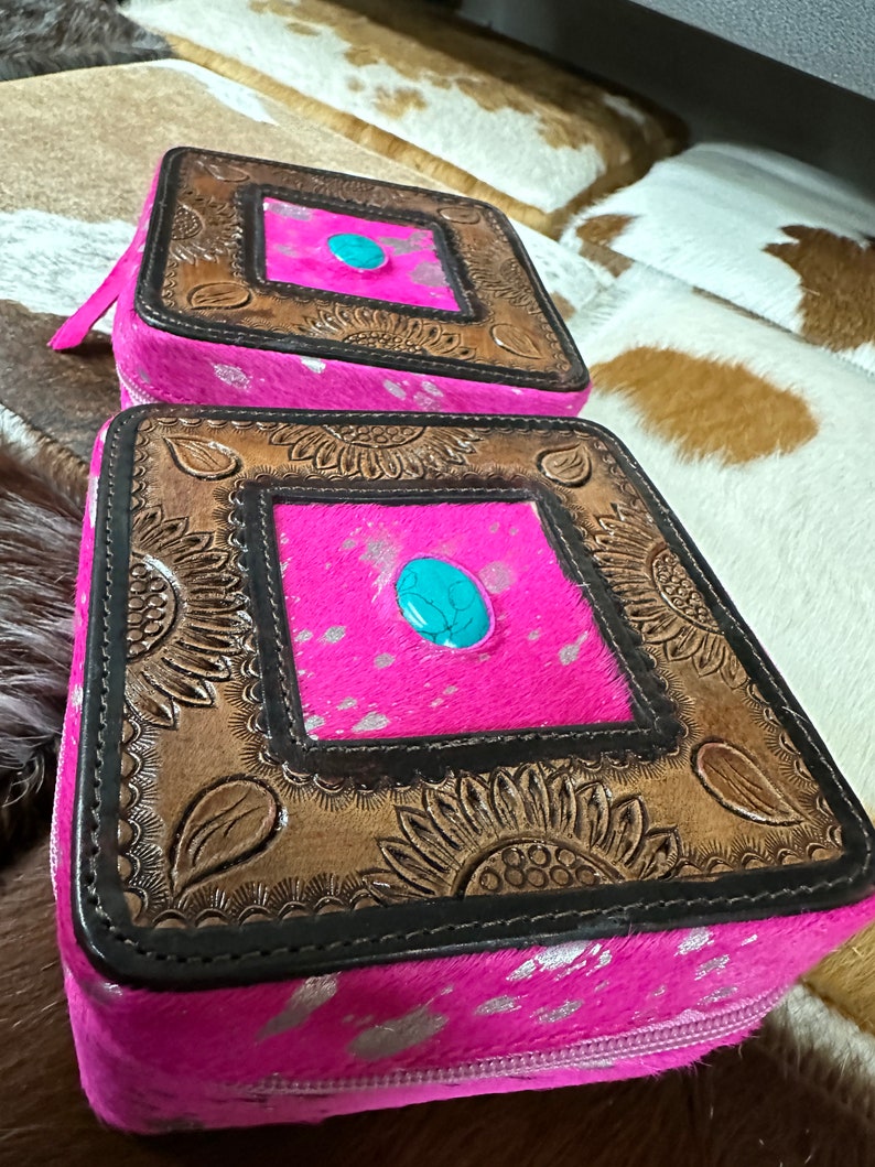 100 Tooled Leather COWHIDE JEWELRY BOX Blue Stone Pink Acid Etsy