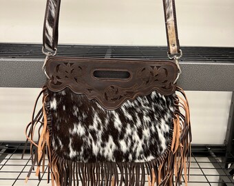 100% Cowhide leather  bag with fringes, over the shoulder bag for women!- Brown & White - Recieve Exact One