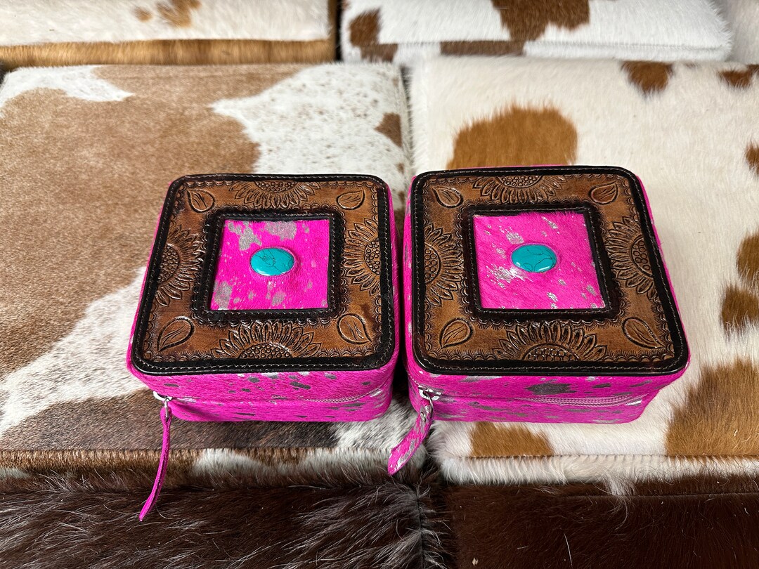 100 Tooled Leather COWHIDE JEWELRY BOX Blue Stone Pink Acid Wash