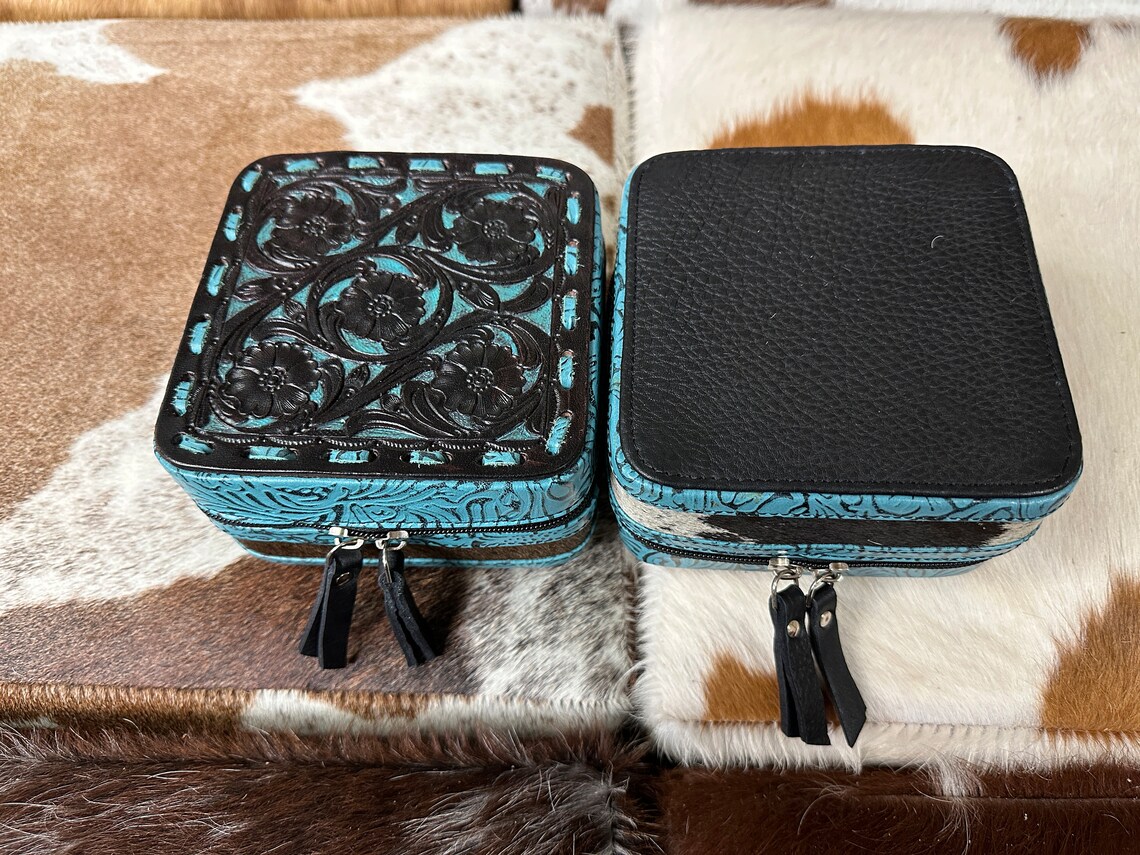 100 Tooled Leather COWHIDE JEWELRY BOX Turquoise Jewelry Etsy