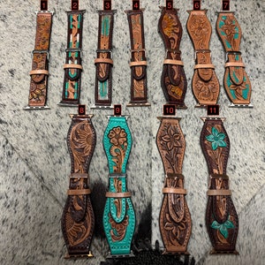 Genuine Hand Made Tooled Stamped Embossed Leather Floral Colorful Western Aztec Southwest Apple Watch Band 45 mm