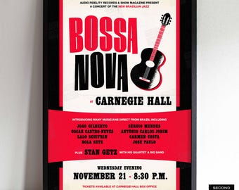 Puede incluir: Un póster de concierto enmarcado para Bossa Nova en el Carnegie Hall con un gráfico de guitarra acústica negra, texto rojo y negro sobre fondo crema, listando artistas como João Gilberto y Stan Getz para el 21 de noviembre a las 8:30 P.M.
