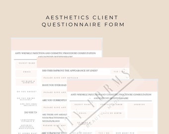 Aesthetics Client Questionnaire Form - Download & Print - Client Record Appointment Spa Forms Salon Beauty Intake